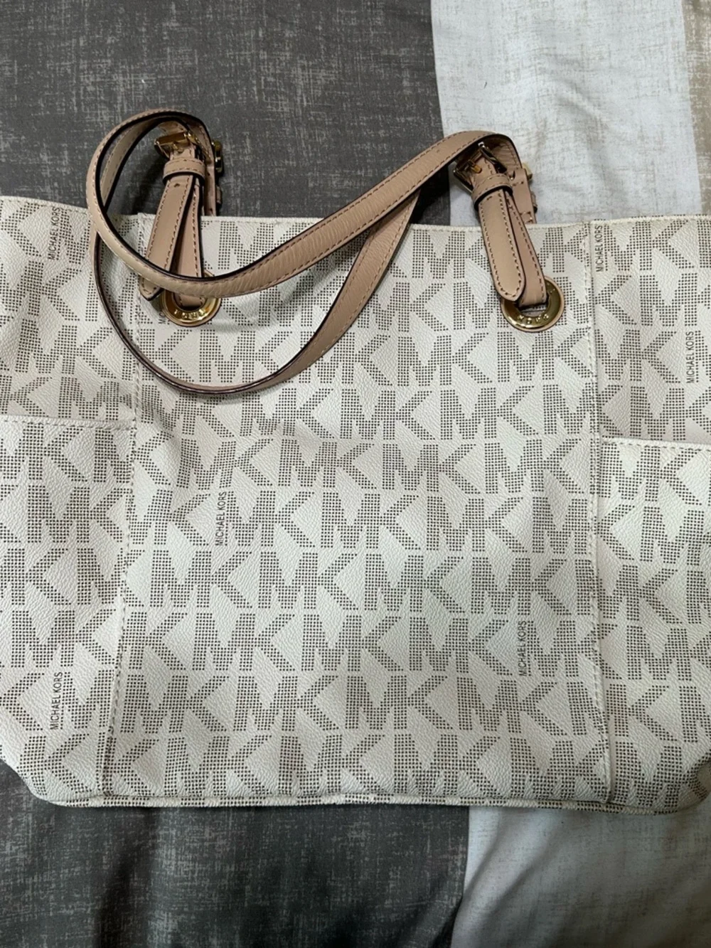 Michael Kors Cream and Beige MK Logo Canvas Tote - Picture 1 of 3